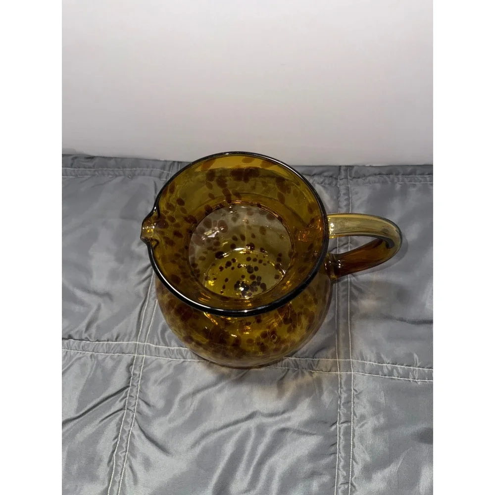 Hand Blown Amber Tortoiseshell Glass Pitcher Round Leopard Spot Art Glass Carafe